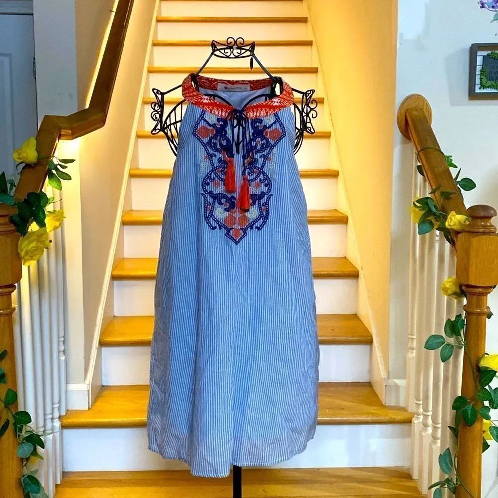 🌸 The Impeccable Pig Striped Blue White Embroidered Sleeveless Dress 🌸✨
